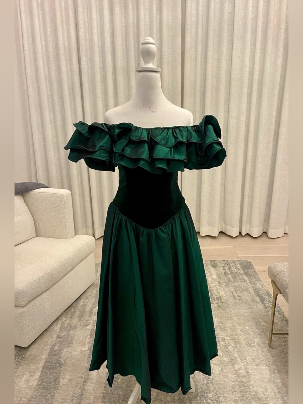 Vintage Barboglio Cristina Jan Dress Womens 80s Off Shoulder Emerald Lined USA 6